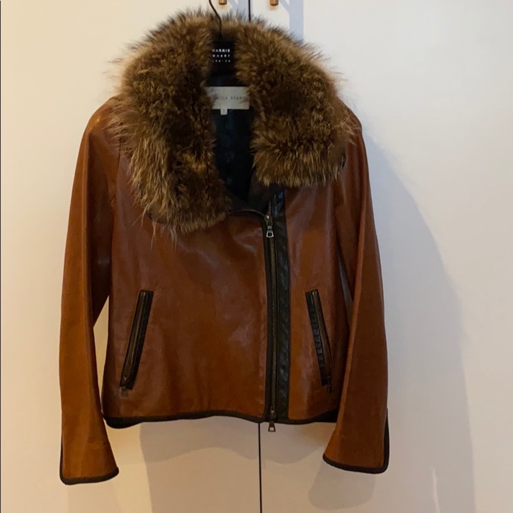RARE Veronica Beard leather jacket w/ fur collar